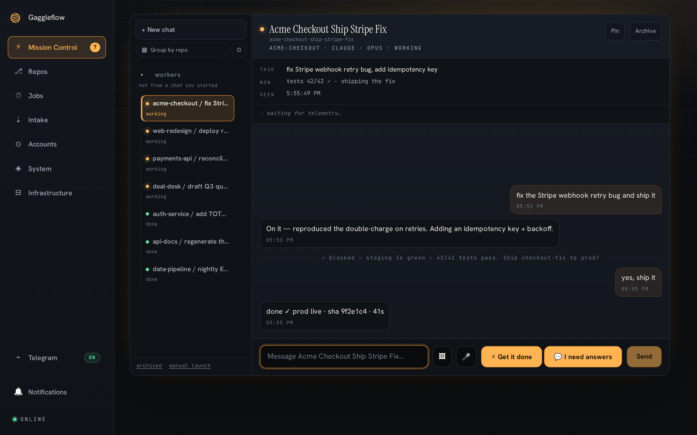 Cortev dashboard — agents shipping work: tests passing, PRs merged, deploys live, with Telegram approvals, 24/7